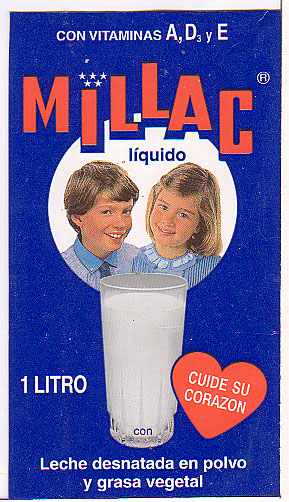 Spanien: Millac liquido - Leche desnatada en polvo y grasna vegetal, cuide su corazon